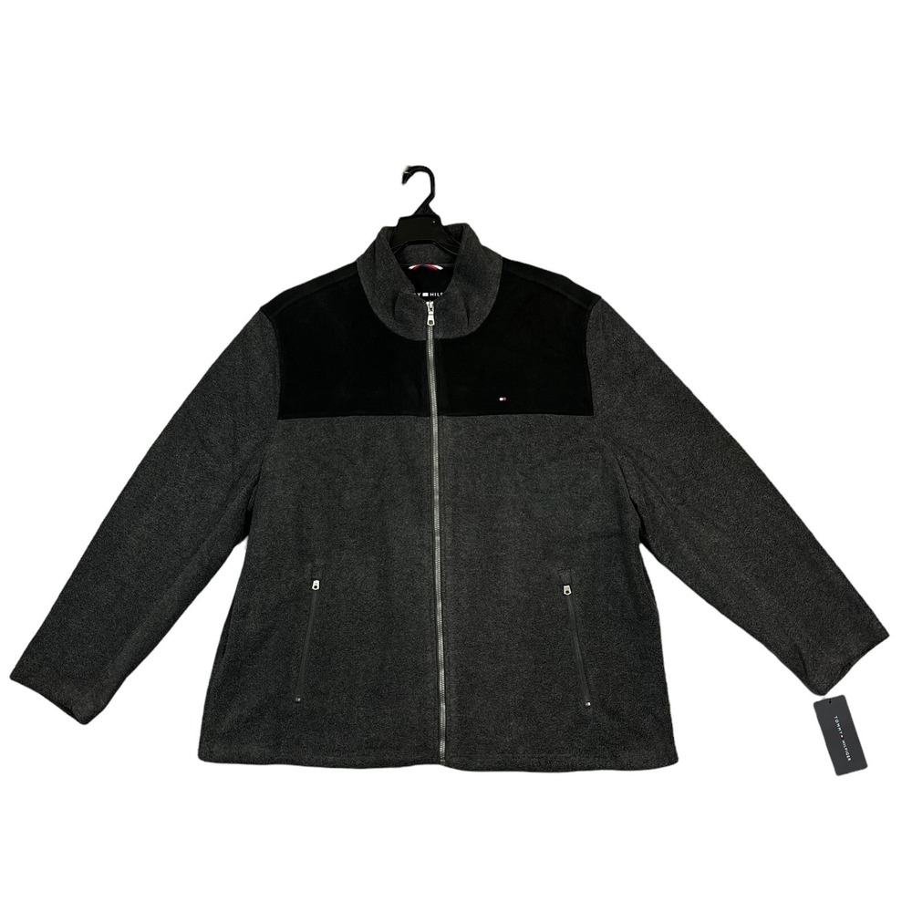 Tommy Hilfiger Mens Full Zip Polar Fleece Jacket 2XL Gray Black Zippered Pockets